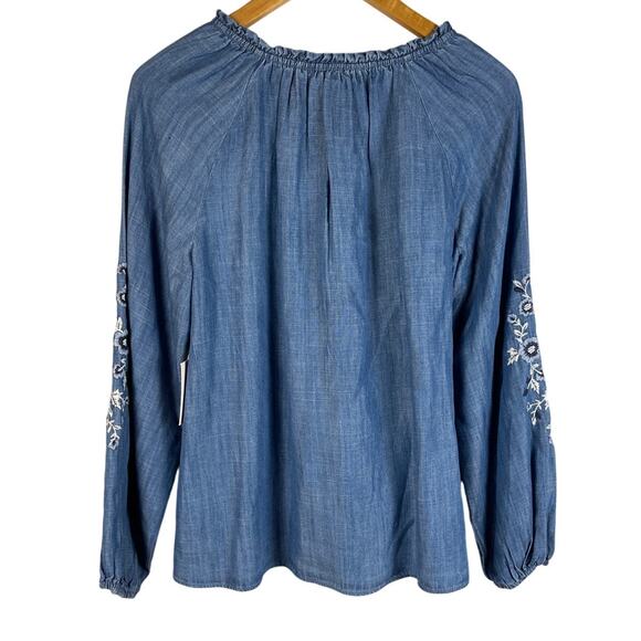 Lauren Conrad Tencel Chambray Floral Embroidered Long Sleeve Swing Top Size XS - Picture 3 of 8